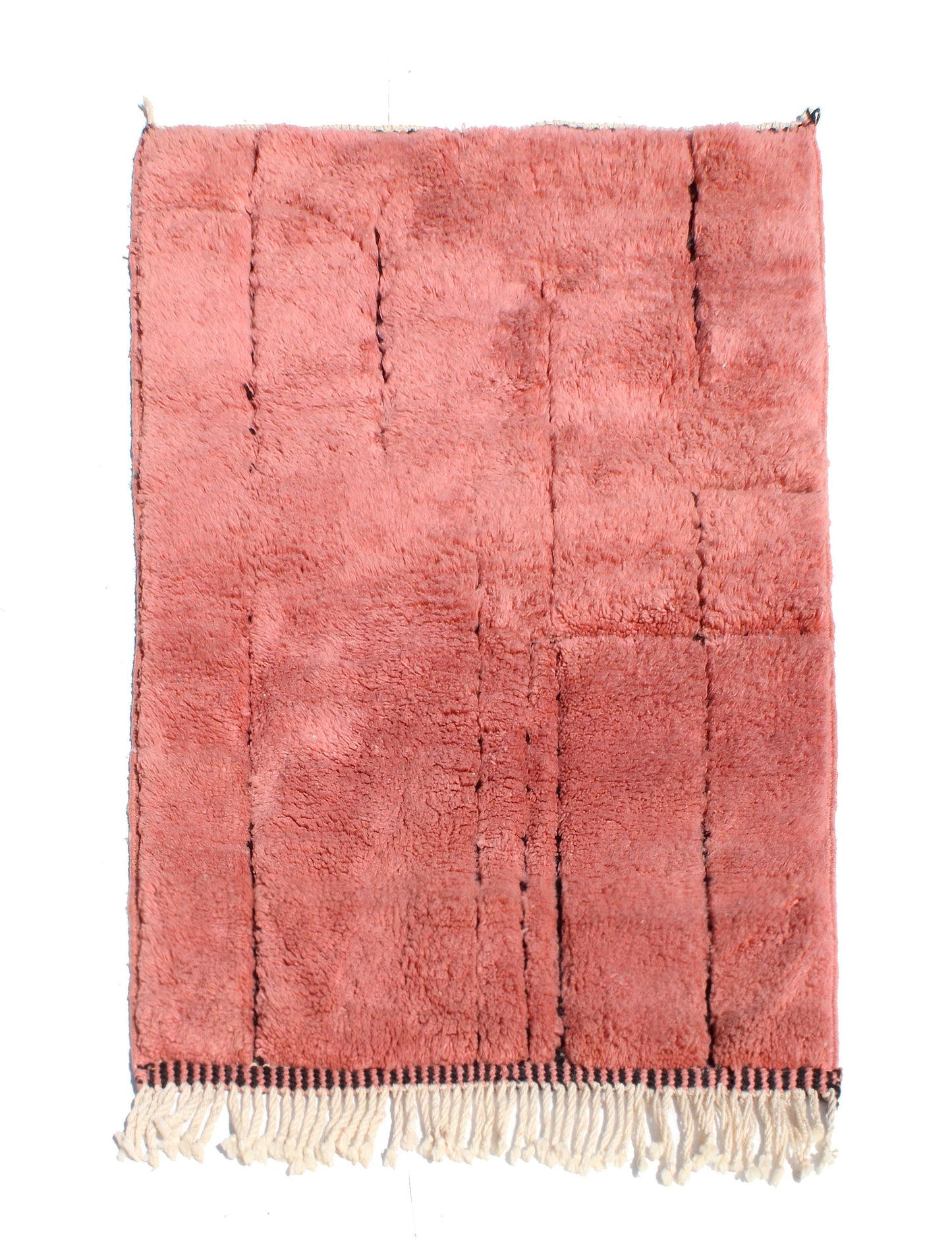 Plush Dusty Pink Moroccan Shag Rug with Subtle Grid Pattern and Fringe