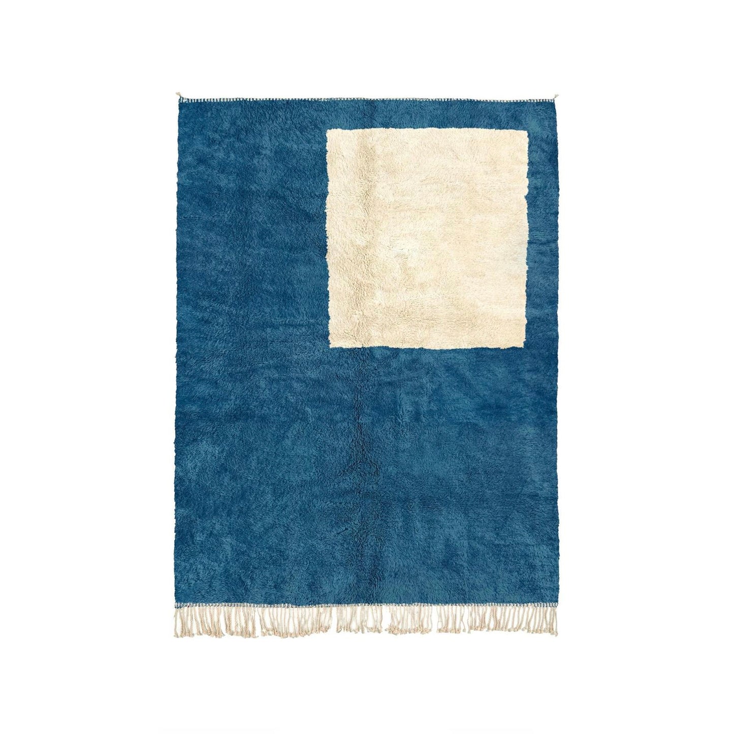 Blue and Cream Asymmetrical Block Wool Area Rug with Fringe