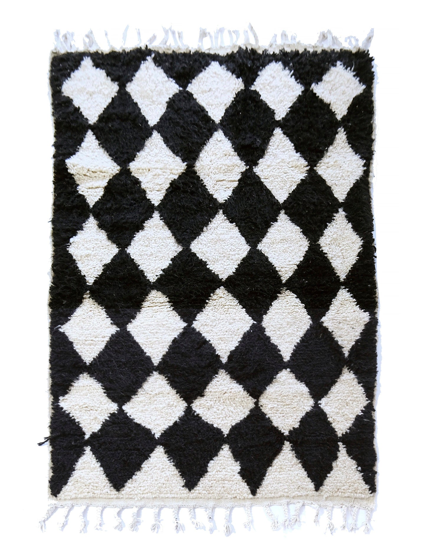 Black and White Moroccan Geometric Diamond Shag Rug with Fringe