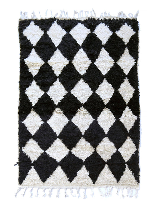 Black and White Moroccan Geometric Diamond Shag Rug with Fringe