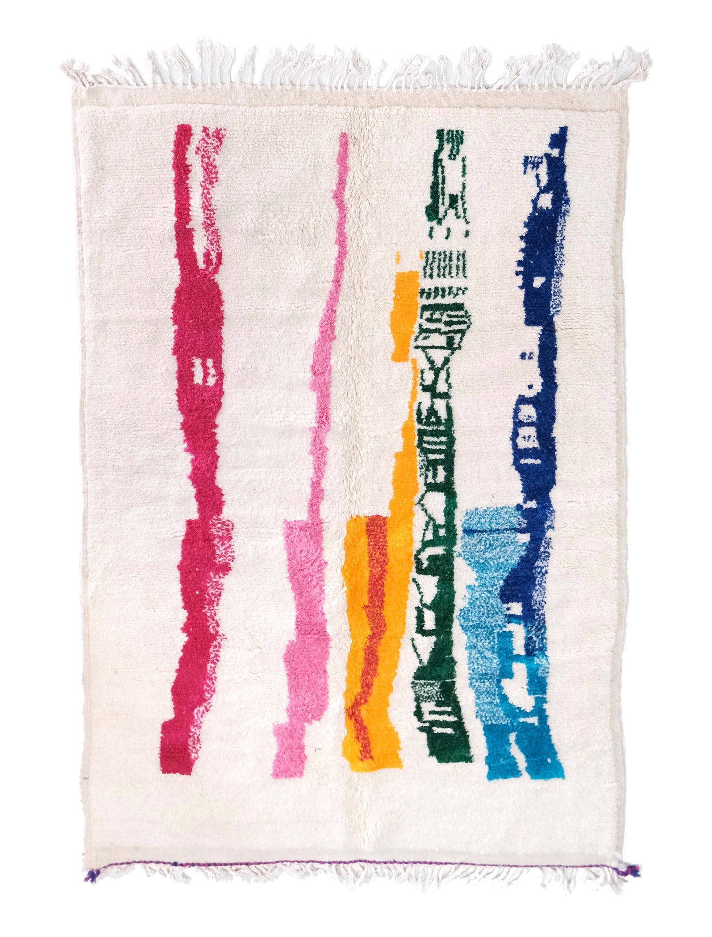 Cream Abstract Moroccan Rug with Vibrant Multicolor Vertical Stripes and Fringe