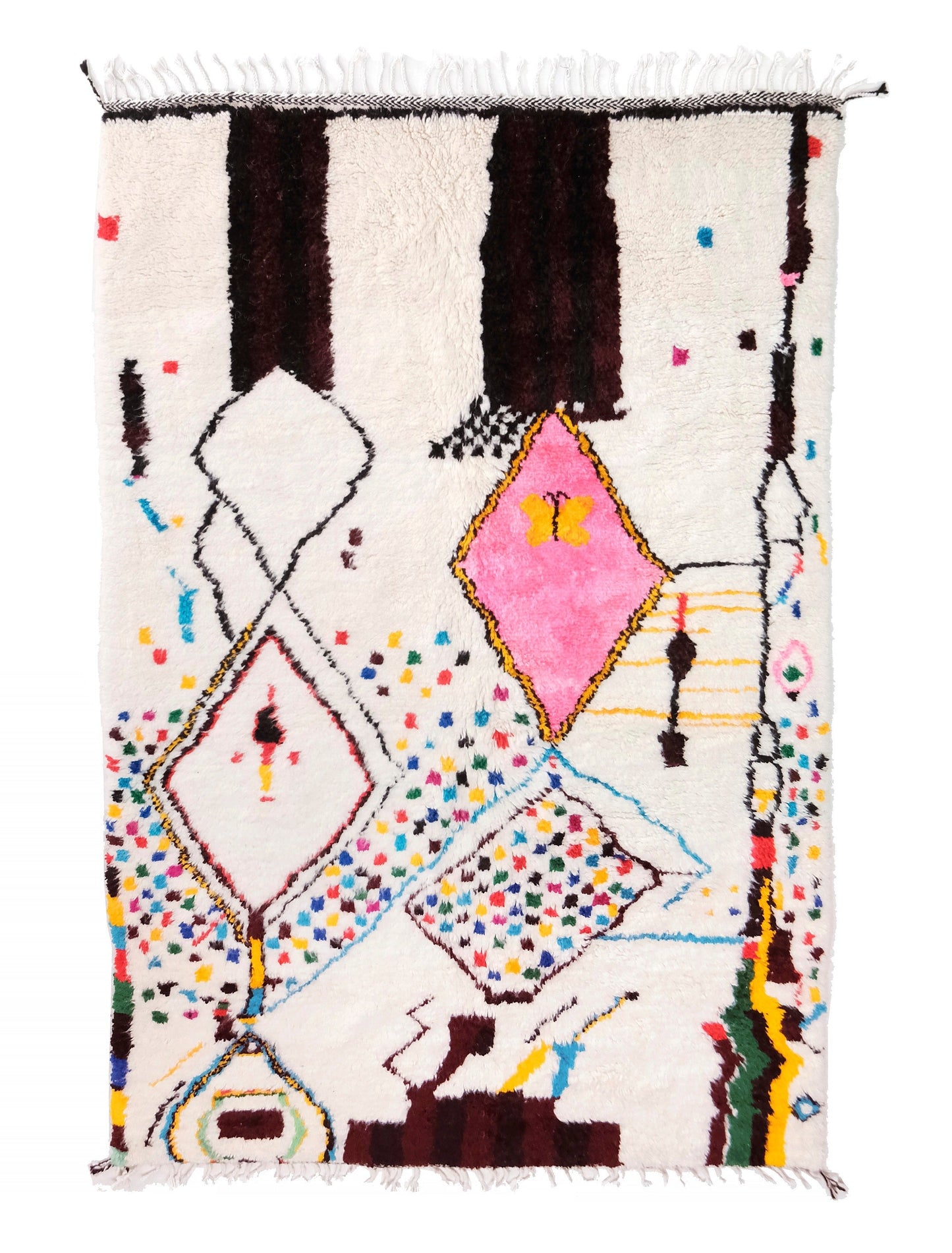 Playful Cream Moroccan Rug with Pink Butterfly Diamond and Colorful Confetti