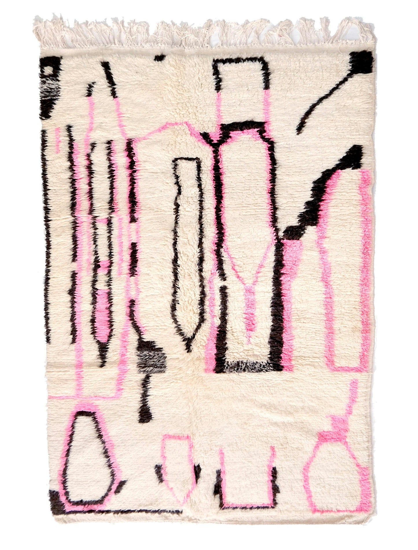 Abstract Cream Moroccan Rug with Hand-Drawn Black and Pink Lines