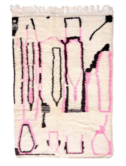 Abstract Cream Moroccan Rug with Hand-Drawn Black and Pink Lines