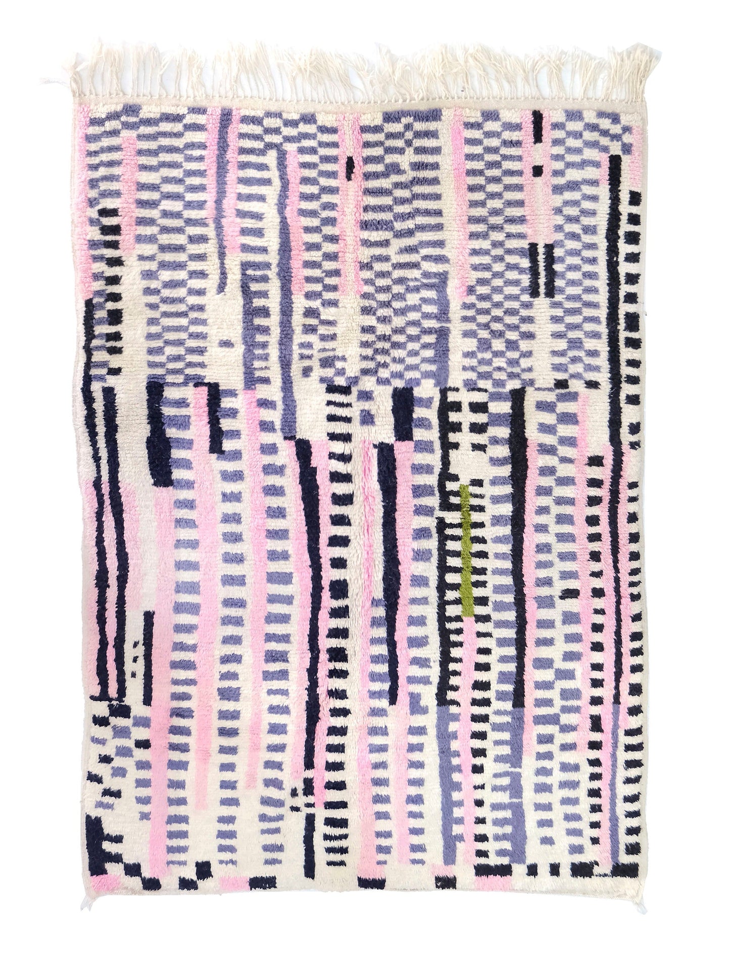 Cream Moroccan Rug with Abstract Blue, Pink, and Black Dashed Lines