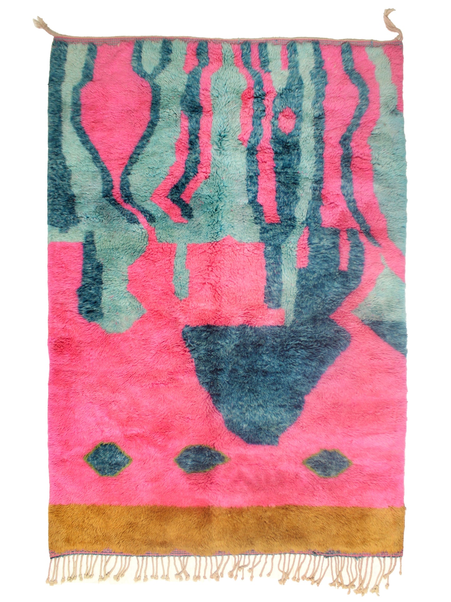 Vibrant Pink Moroccan Rug with Teal Abstract Waves and Mustard Border