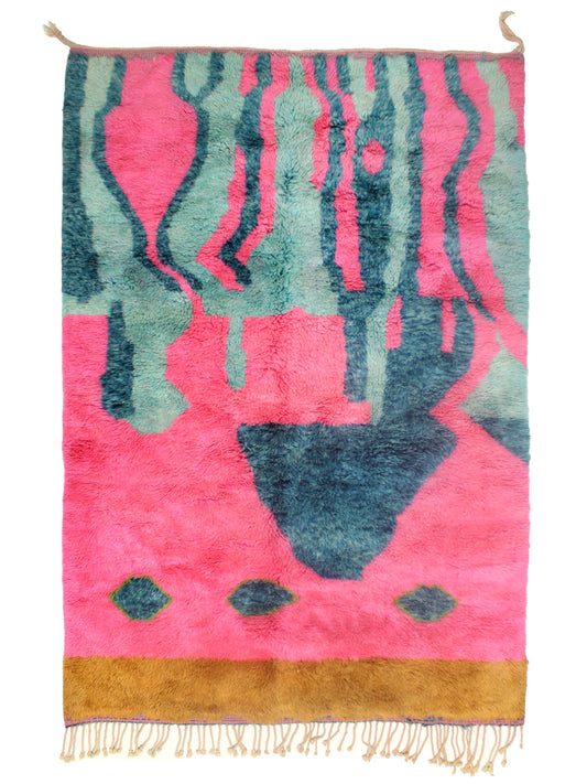 Vibrant Pink Moroccan Rug with Teal Abstract Waves and Mustard Border