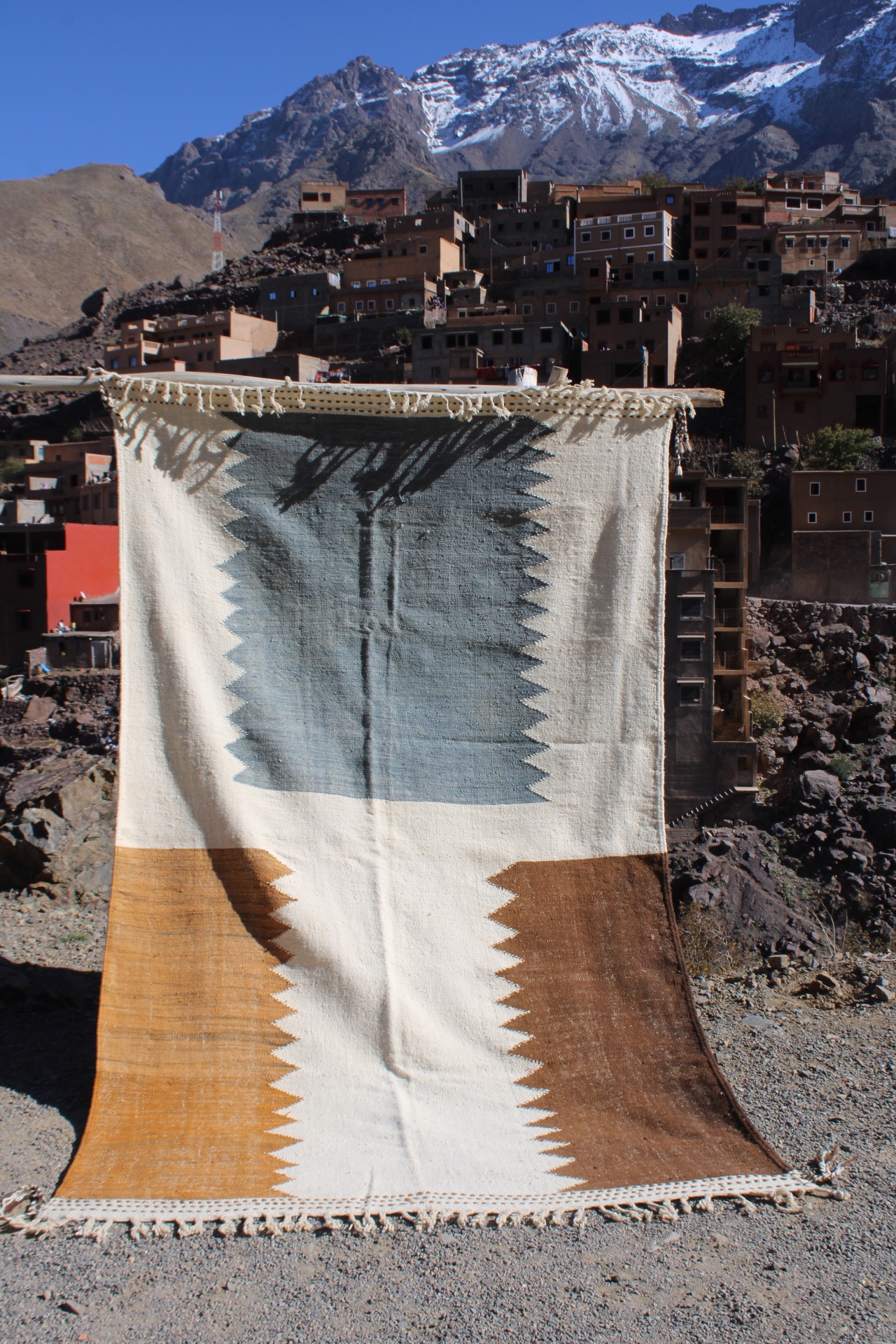 Handwoven Moroccan Berber Rug – 300×200 cm (9.8×6.5 ft) – Geometric Wool Carpet in Blue & Terracotta