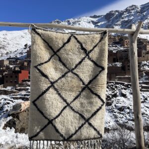 Handmade Beni Ourain Moroccan wool rug with black diamond pattern, 4.9 x 3.3 ft